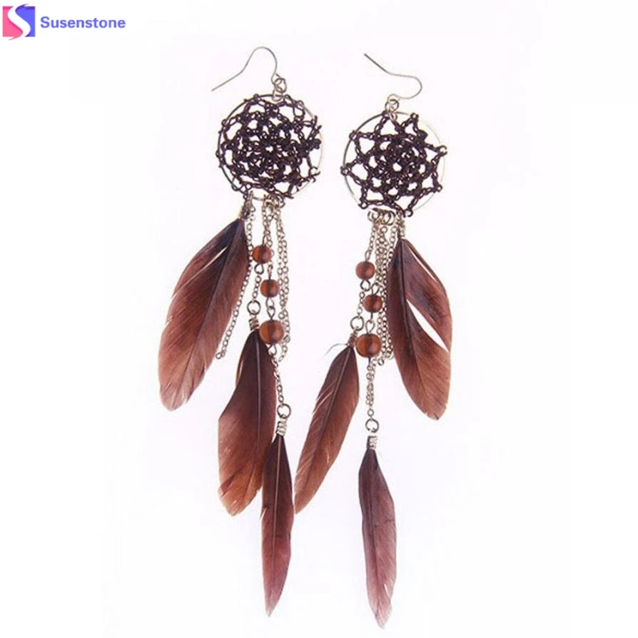 

SUSENSTONE Women's Long Drop Earrings Bohemia Dreamcatcher Feather Tassel Earrings Tribal America Native Earrings brincos #7-8