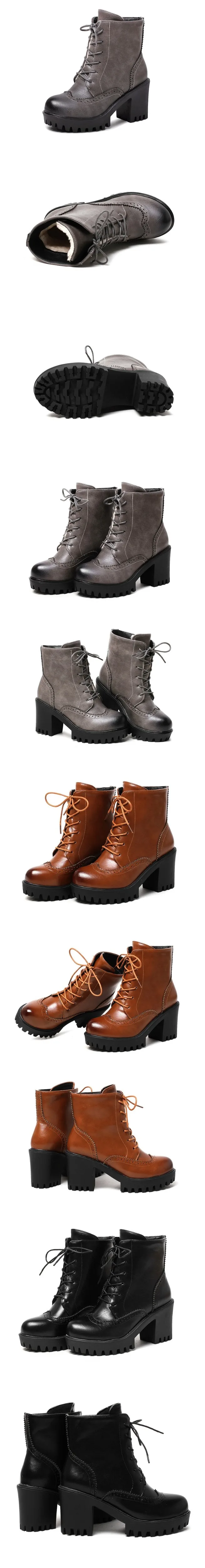 Retro Women Black Lace Up High Heeled Ankle Martin Boots Gray Brown Cheap Chunky Heel Platform Shoes 8cm3