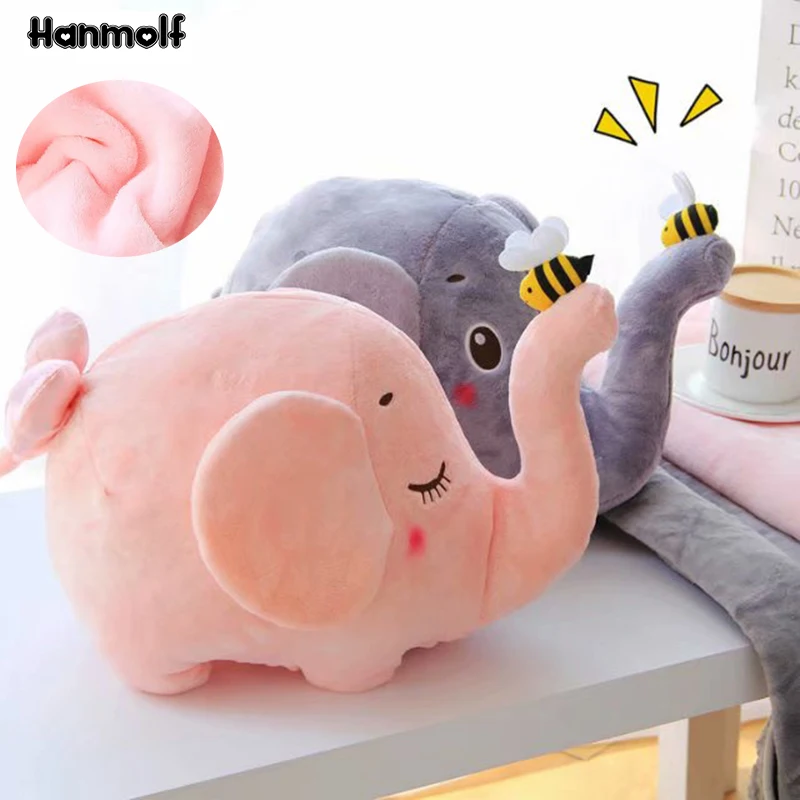 

Bee On Nose Plush Elephant Stuffed Doll with Fannel Blanket 2-in-1 Animal Plush Toy Kids Traveling Companion Toy Birthday Gift