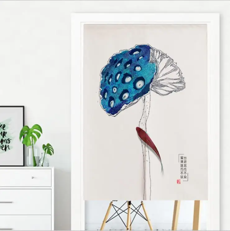 

Cotton Doorway Curtain Painting Lotus Root Half Curtain Kitchen Living Room Chinese Traditional Style Curtains