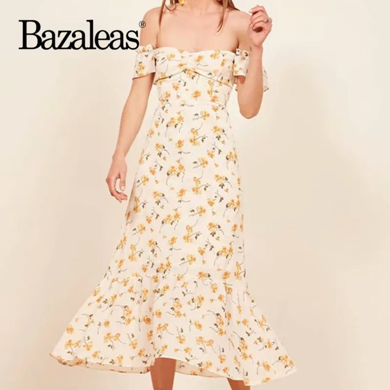 

Bazaleas Sexy Yellow Floral Print vestidos Fashion Center Ruched Beach women dresses Ruffles Summer Dress 2019 drop shipping