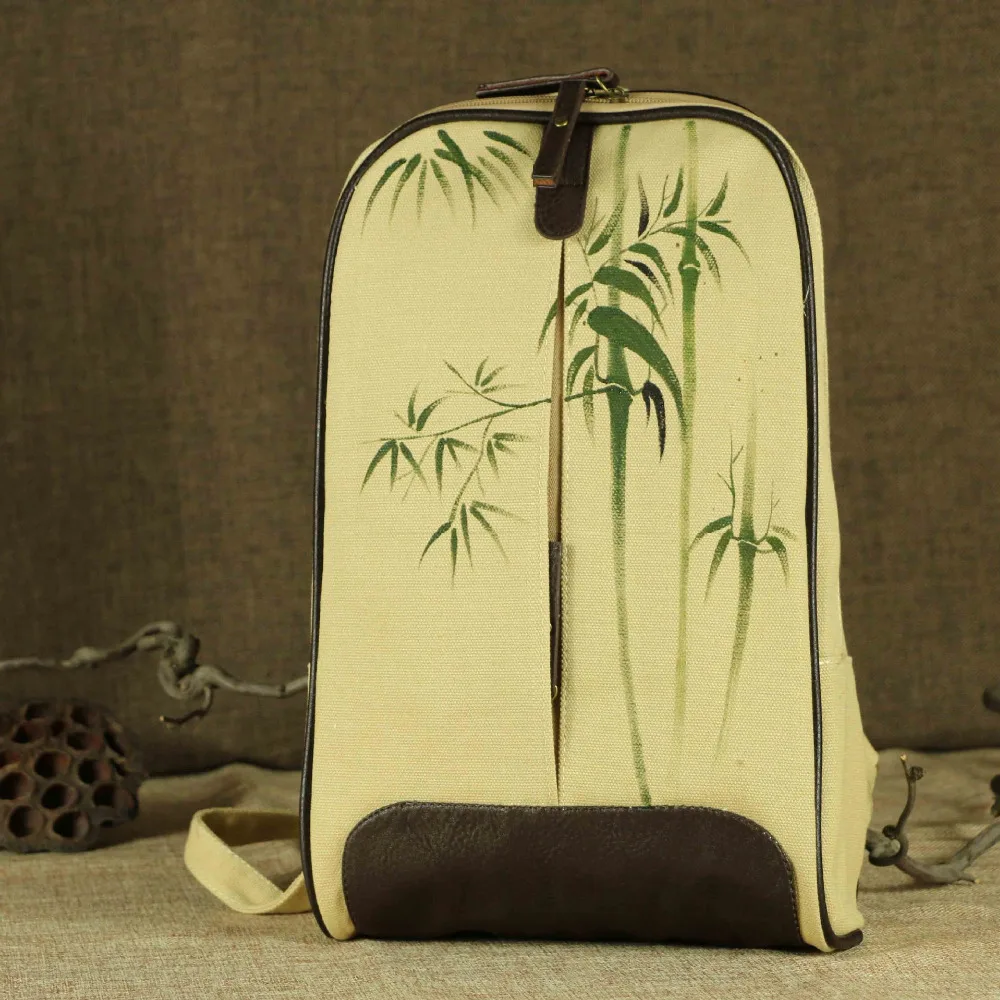 

Bamboo Hand Painted Women's Canvas Leather Patchwork Backpacks Ladies Rucksacks Teenager Girls School Bags mochila feminina