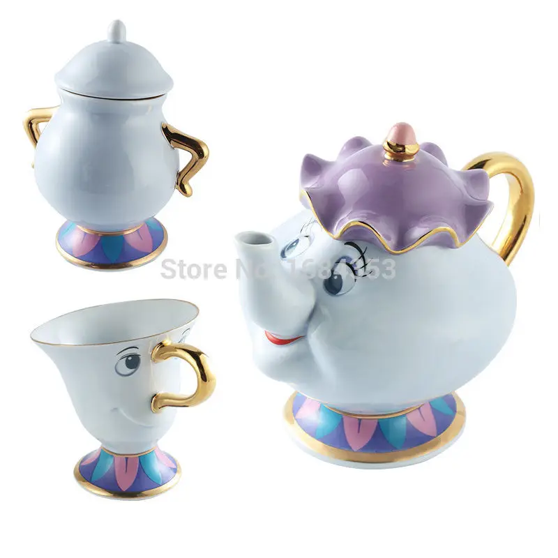 

Beauty and the Beast Teapot Cup Lady Ceramic Table Teapot Cup Set Sugar Pot Gift 18K Gold-plated Painted Ceramic Lovely Gift