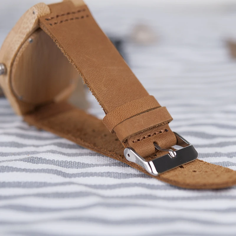 BOBO BIRD Minimalist Natural Men Bamboo Wooden Watch with Leather Strap in Gift Box