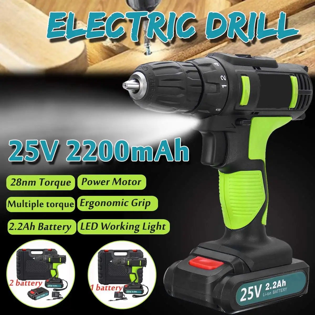 

1/2 25V 3 Use Electric Drill Screwdriver Cordless High Power Household Electric Hammer Pick Impact Drill Power Driver 2 Battery