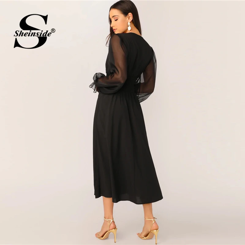 Beste Sheinside Elegante V hals Knop Detail Jurk Vrouwen 2019 Lente Mesh Lantaarn Mouw Patchwork Jurken Dames Solid EEN Lijn Jurk