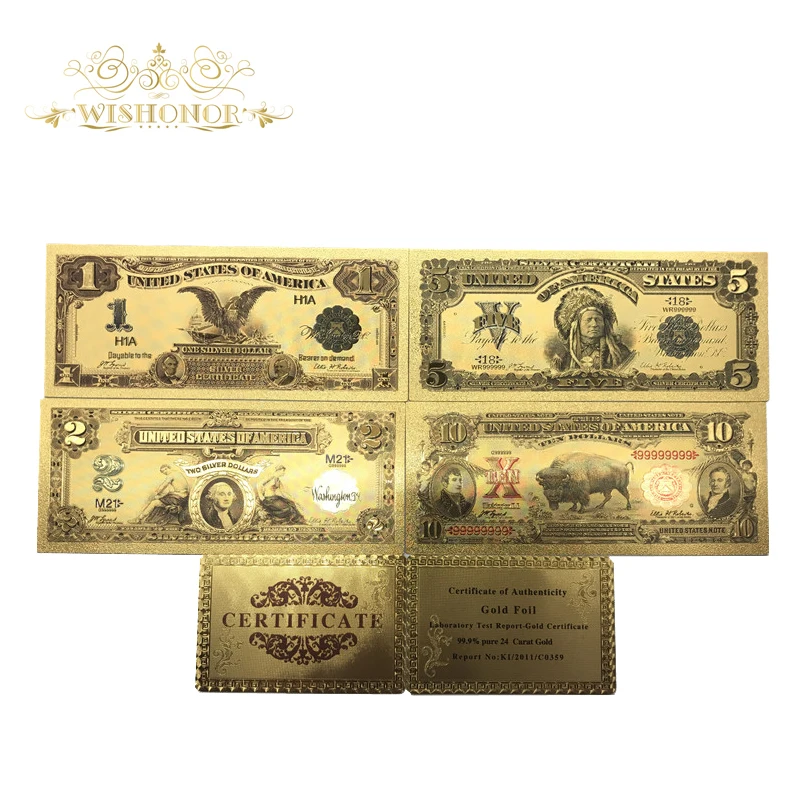 

5pcs/lot Value Collectible 1889&1901 Year Colored America Banknotes 1 2 5 10 Dollar Banknote in Gold Plated For Home Decoration