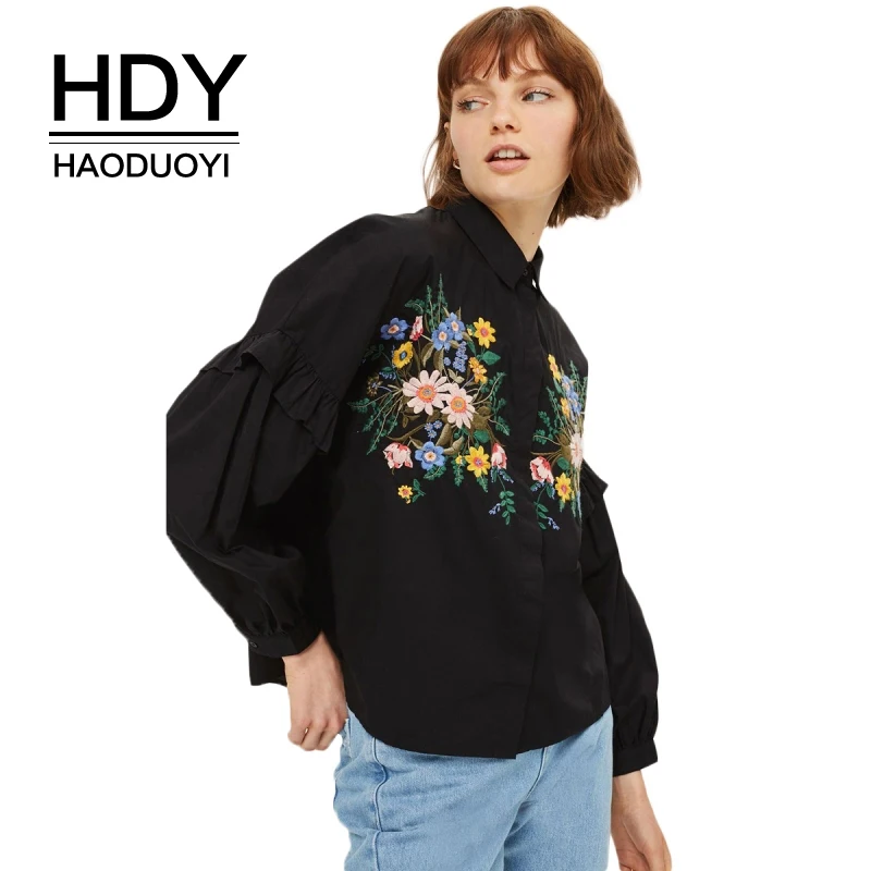 Женская блузка HDY Haoduoyi черная Повседневная рубашка с цветочной вышивкой и