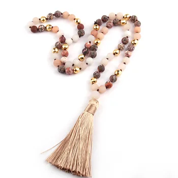 

Fashion Natural Stone Leopard Strpe beads Knotted Long Tassel Necklace Free Shipping