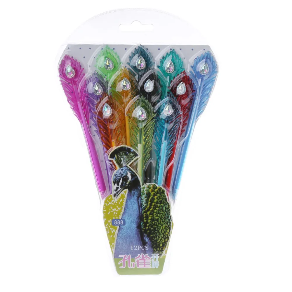 

12Pcs Colorful Peacock Feather Shape Gel Ink Pen Refills Stationery School Gift