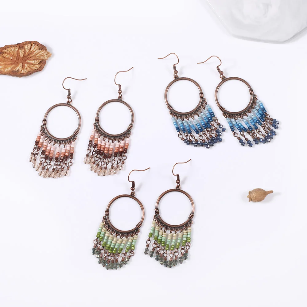 

Trendy Long Chain Earring for Women Ethnic Resin Beads Hanging Gem Rhinestone Pendant Copper Circle Dangle Earring Bridal Gift