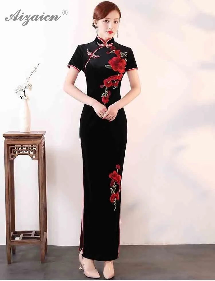 Оригинальный ретро синий бархат вышивка длинный Cheongsam Китай Femme тонкое винтажное платье Qi Pao китайское традиционное платье халат Ципао