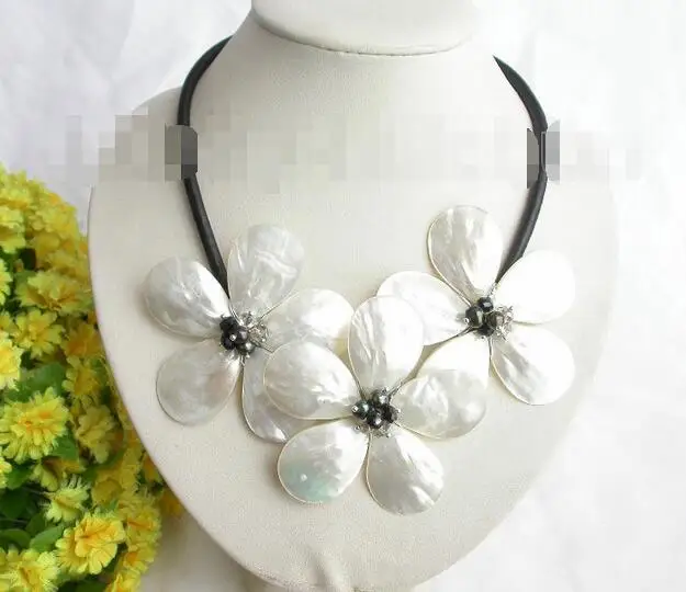 

Free Shipping >>> handcraft bloom white seashell black pearls choker leather necklace GIFT j7774