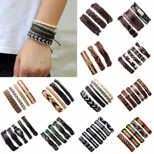 Винтаж кожаный деревянный браслет Ювелирные наборы для мужчин в богемном стиле хиппи-панк 3,4, 5 шт./компл. чёрный; коричневый в этническом стиле браслет ювелирные изделия