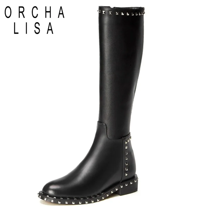 

ORCHA LISA Ladies Genuine Leather knee high boots Rivet Zipper Fashion boots Med high heels Black shoes for woman C573