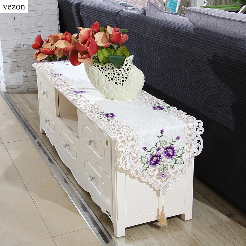 

vezon Hot Elegant Polyester Embroidery Table Runners Embroidered Floral Cutwork Table Cloth Cover Home Decor Textile Runner