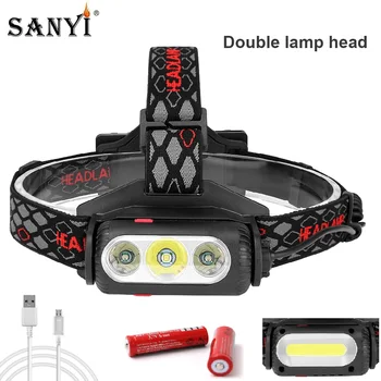 

Double Switch Headlight 360 Degree Rotatable Head Headlamp COB T6 3 LEDs Head Lamp USB Charging Flashlight White Red Green Torch