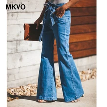 Модные тенденции с высокой талией небесно-голубые высокие эластичные узкие кружевные широкие ноги большие роговые Джинсы женские широкие брюки S-2XL