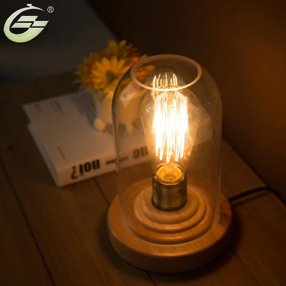 YUENSLIGHTING Лофт винтажная промышленная стеклянная деревянная настольная лампа