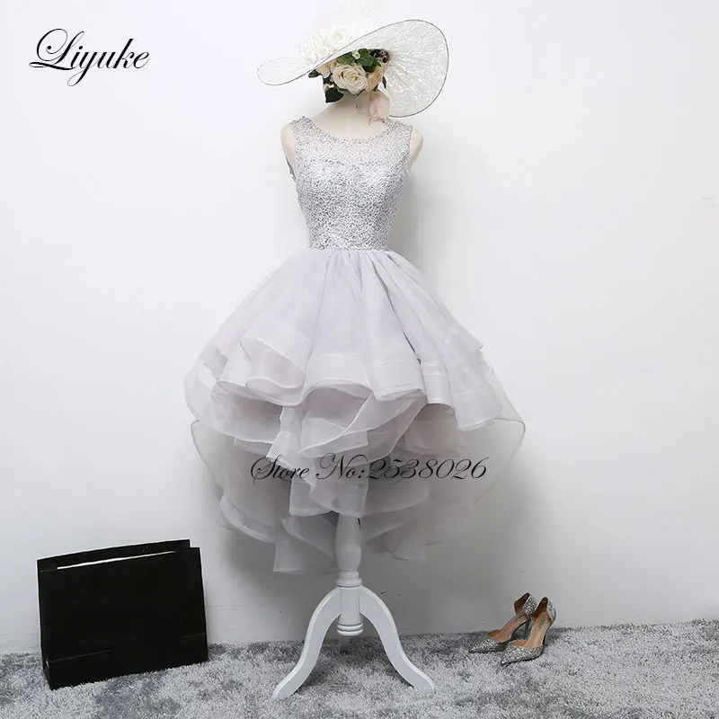 

Liyuke Contrast Sliver Color Elegant High-Low Wedding Dress With Pearls Sleeves Bridal Dress Custom Made