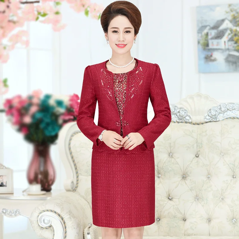 

Red Satin Knee-Length Mother of the Bride Dresses with Jacket Pleat with Beaded Attractive Modern Party Dresses