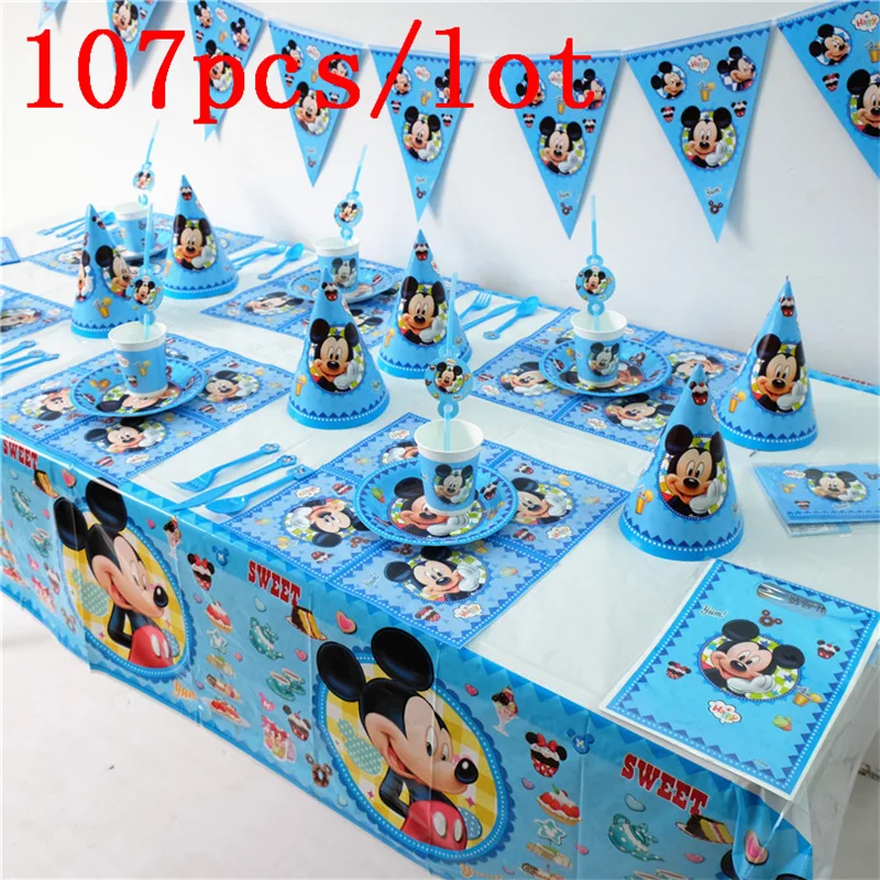  107Pcs/lot Disney Mickey Mouse Theme Gift Bag Blowout Cup Plate Baby Shower Invitation Card Kid Bir - 32890522935