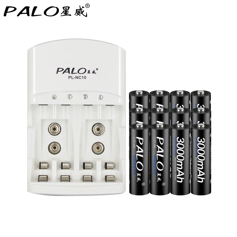 

PALO 4 slots 801 LED display smart fast battery charger for AA AAA rechargeable battery +12pcs 3000mah AA rechargeable batteries