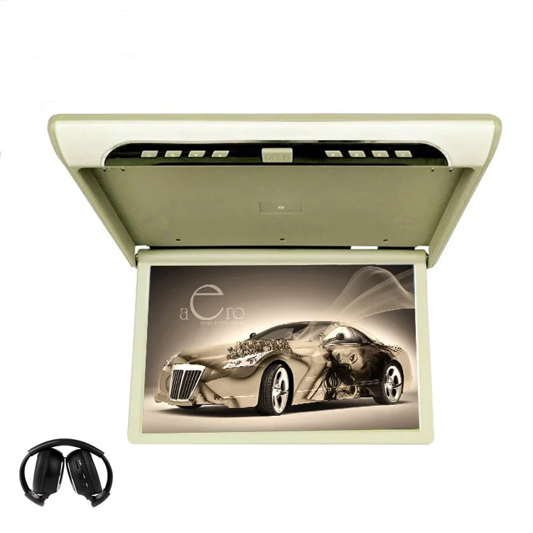 Cemicen 19 дюймов 1080P HD видео на крышу автомобиля откидной монитор MP5 плеер Поддержка USB SD HDMI Sperker IR FM передатчик - Цвет: beige with headphone