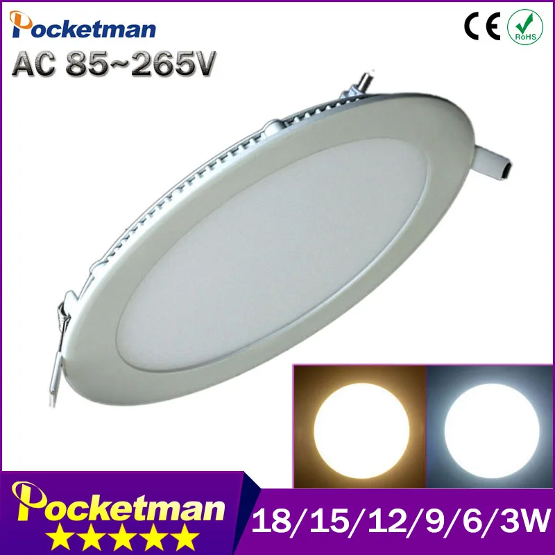 

Ultra thin led down light 18W 15W 12W 9W 6W 3W 85~265V 110V 220V led ceiling lamp recessed grid downlight slim round panel light