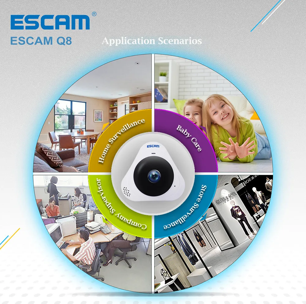 ESCAM Q8 HD 960P 1.3MP 360 градусов панорамный монитор рыбий глаз wifi ИК Инфракрасная камера VR камера с двухсторонним аудио детектором движения