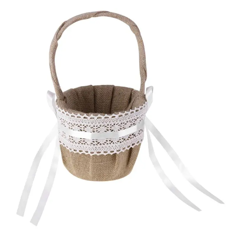 

Wedding Flower Girl Basket Vintage Flower Basket Burlap Jute Rose Rustic Wedding Flower Basket With Lace Satin Wedding Supplies