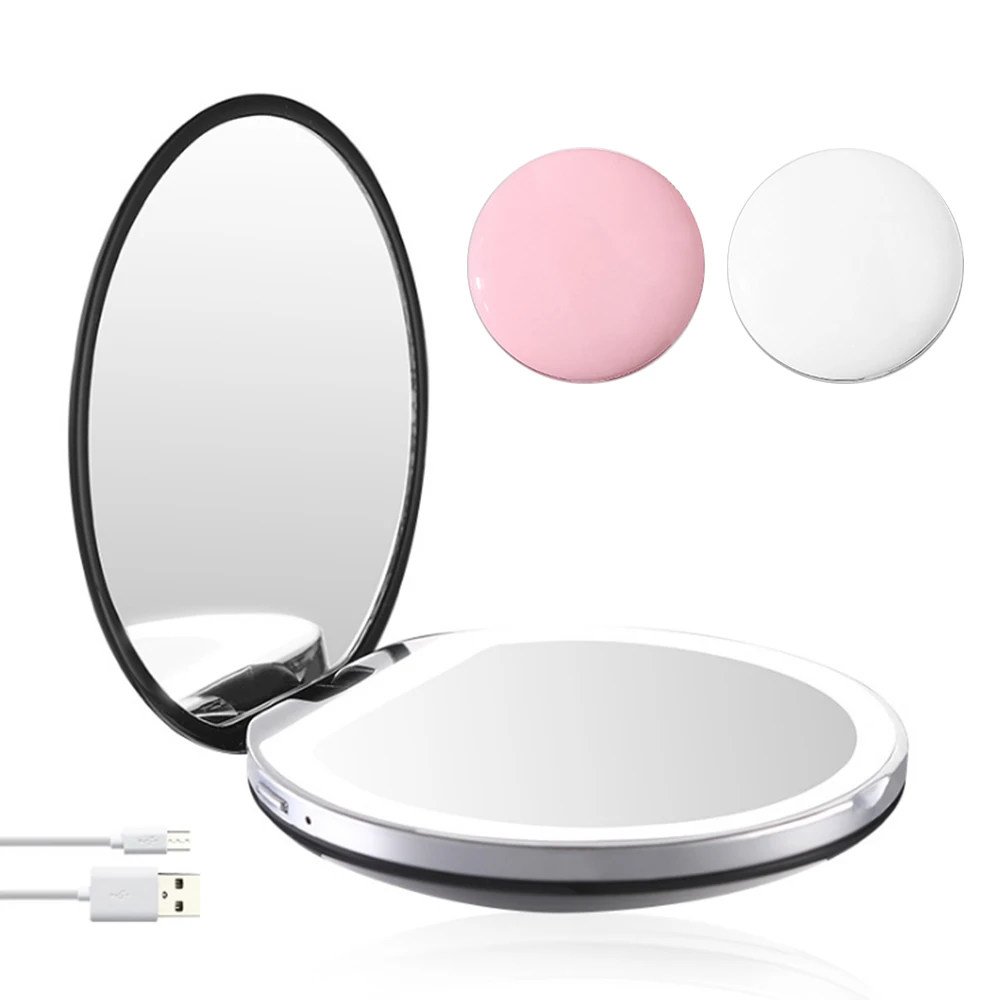 

3 color Mini makeup mirror LED 3X Magnifying Hand Held Portable Chargeable USB Connect Fashion Travel Fold Small Makeup Mirror