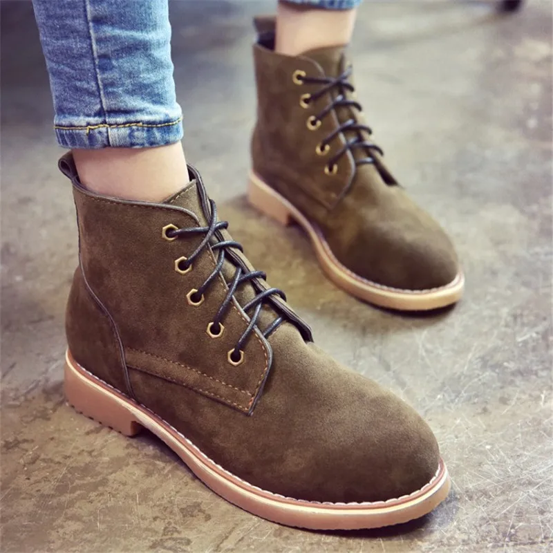 Brand Fashion Women Ankle Boots Flat Heels Lace up Casual Shoes Woman Oxfords Black Green Brown Autumn Suede Boots