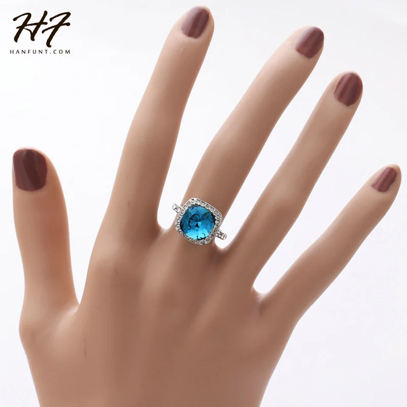 Горячее предложение, большое кольцо с голубым фианитом, серебряного цвета, австрийские кристаллы, свадебные кольца, ювелирные изделия для женщин, горячая Распродажа R056