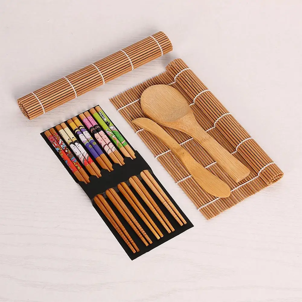 buy Japanese Style Natural Bamboo Sushi Making Kit Spoon Spreader 2 Rolling Mats 5 Pairs Chopsticks Sushi Tools Kitchen Accessories