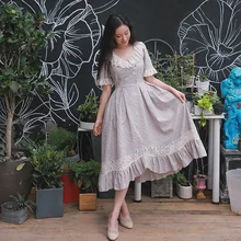 Jessica’s Store fresh vintage stripe slim lace irregular ruffle bottom expansion cotton long dress