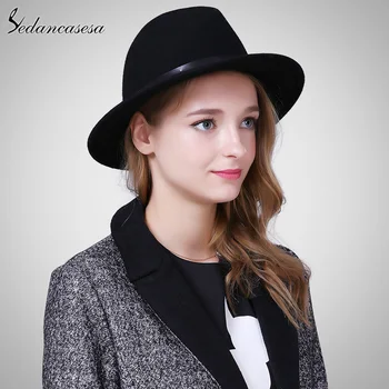 

Sedancasesa England Style Autumn Winter Hat For Women Fedora Hat Woman Wide Brim Wool Felt Fedoras Vintage Ladies bonnet Cap