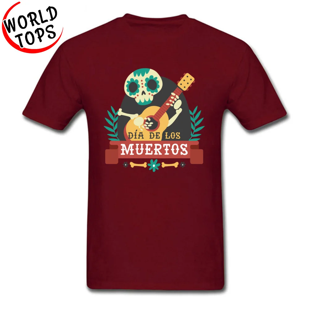 Hip Hop Men Tees Printing comfortable T Shirt Pure Cotton Short Sleeve Casual Tops Shirt O Neck Free Shipping Day Of The Dead Skeleton Guitar  maroon