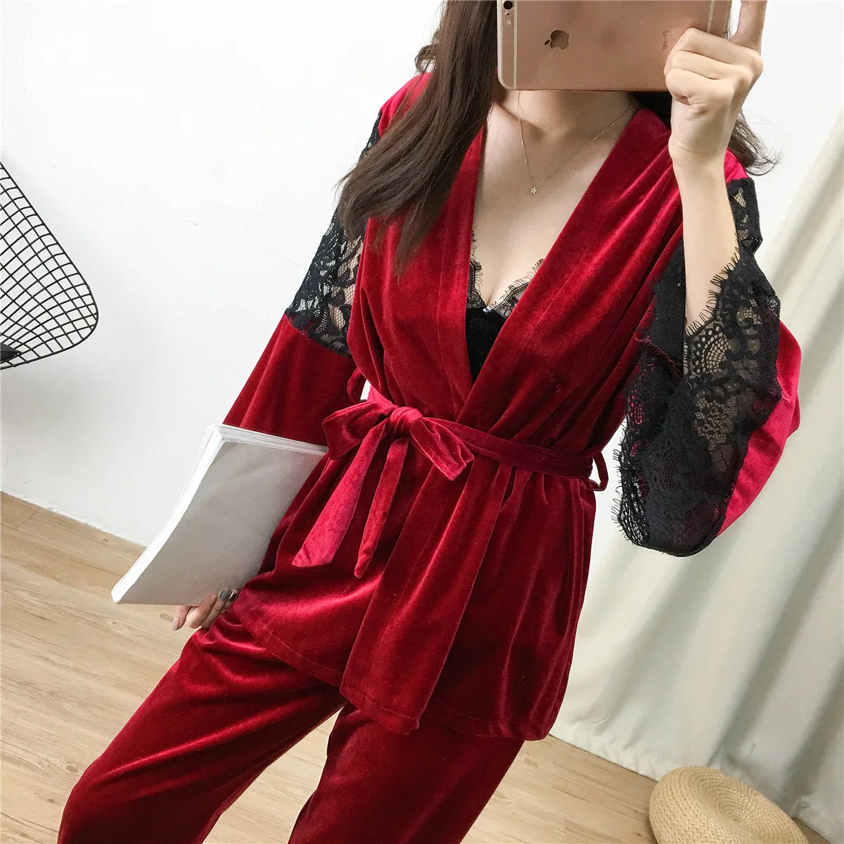 pijamas rendas sexy robe + camisola +