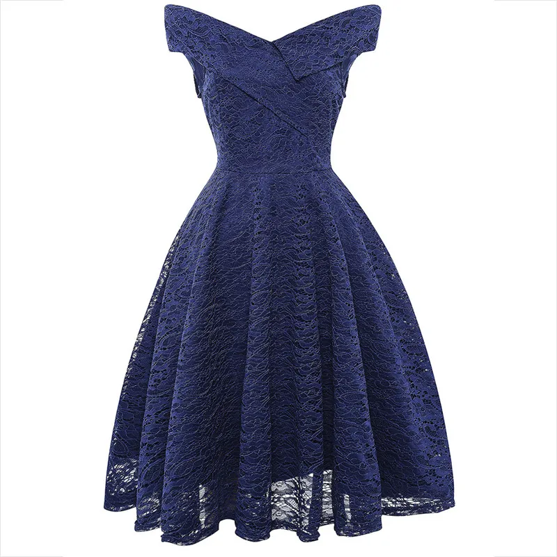 LSYCDS, сексуальное летнее платье с v-образным вырезом для вечеринки, платье трапециевидной формы с коротким рукавом, Ретро стиль, Повседневные Вечерние платья в стиле рокабилли, черное кружевное женское платье 50s - Цвет: Dark blue