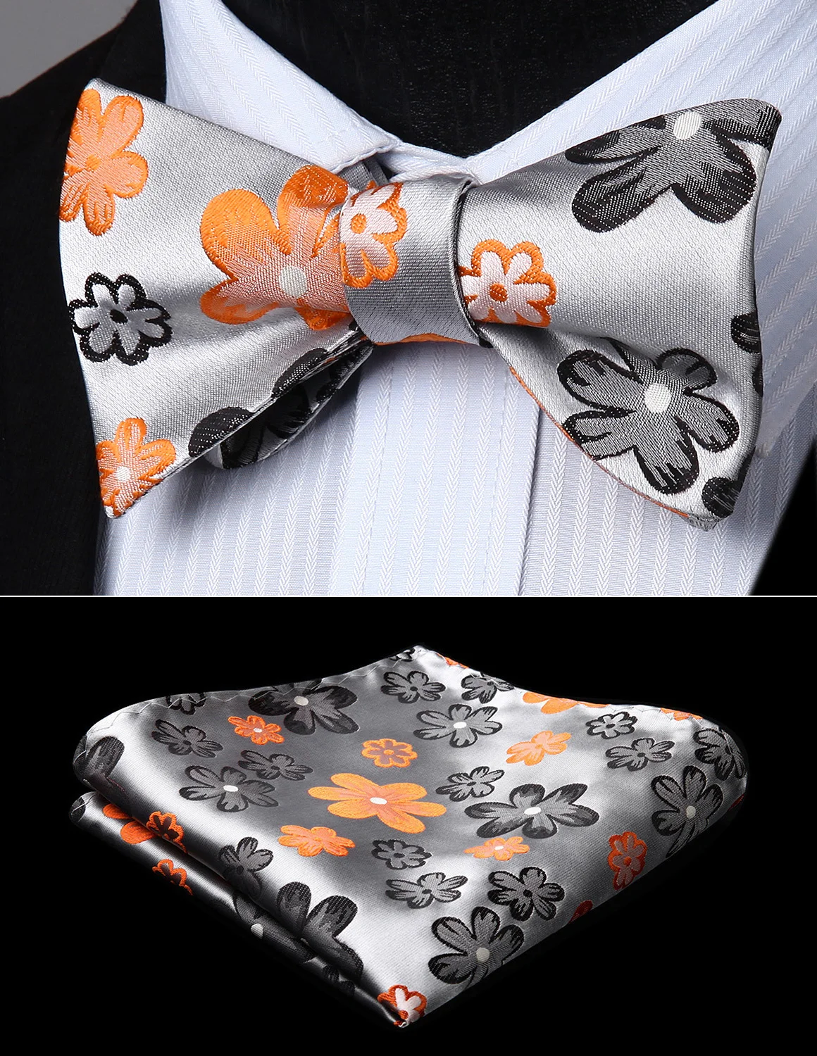 Bow Tie handkerchief set Men Woven Party Wedding Gray Orange Floral