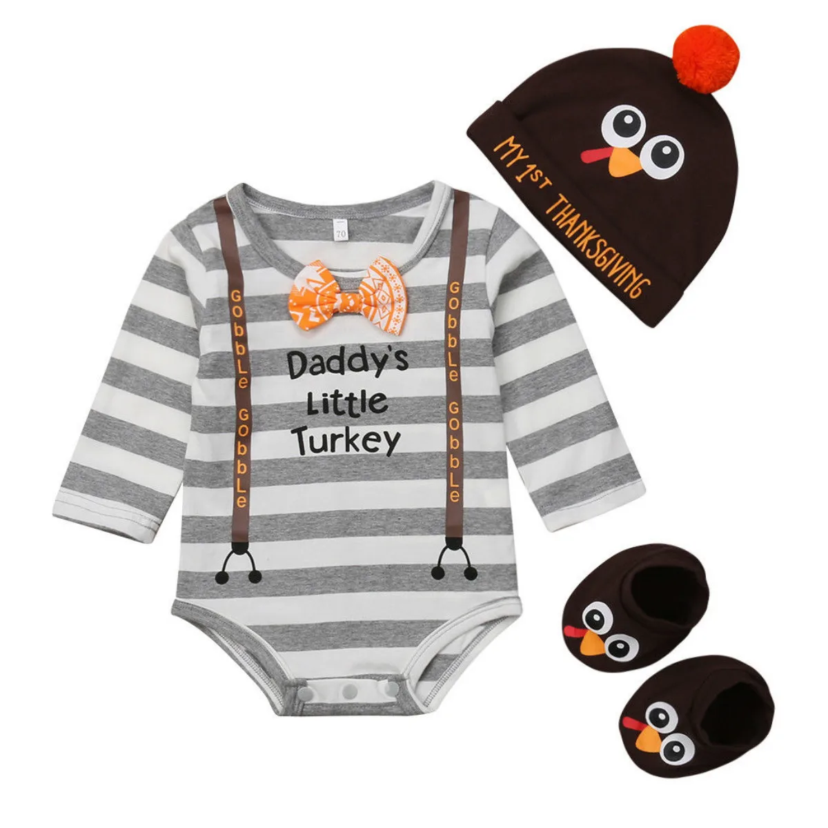

3PCS Pudcoco Cute Thanksgiving Infant Baby Boys Bodysuit Hat Socks Clothes Outfit Set