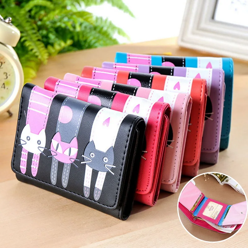 

Fashion Women Short Wallets Cute Cat Pattern Bag Brand PU Leather Zipper Wallet Girls Small Hasp Coin Purse Card Holder Handbags