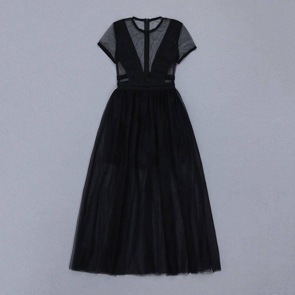 New Fashion Long Bandage Dress Women Fashion Sexy Transparent Lace Mesh White Black Dress Designer Elegant Party Dress