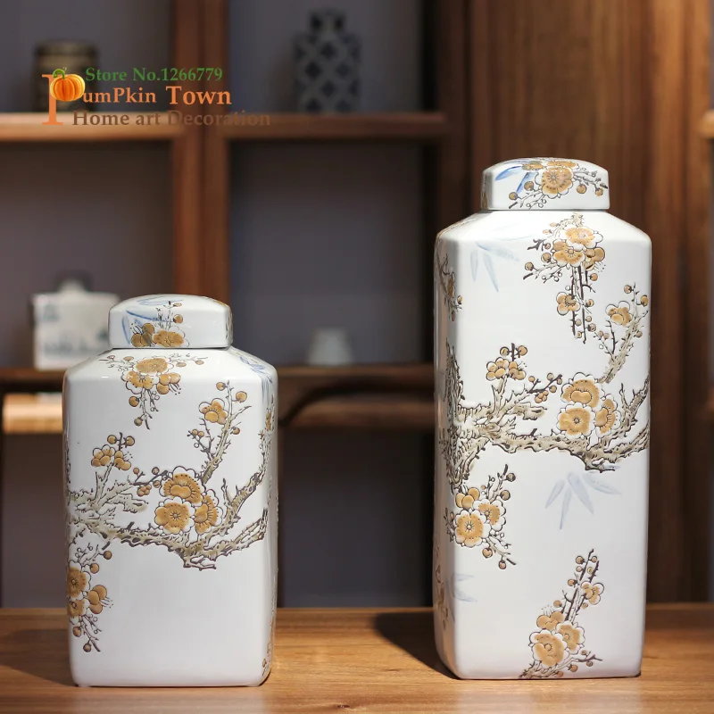 Китайский стиль высокая температура рамой керамическая рельефная plum bamboo квадратная банка, бутик белая керамическая с накопительного бака