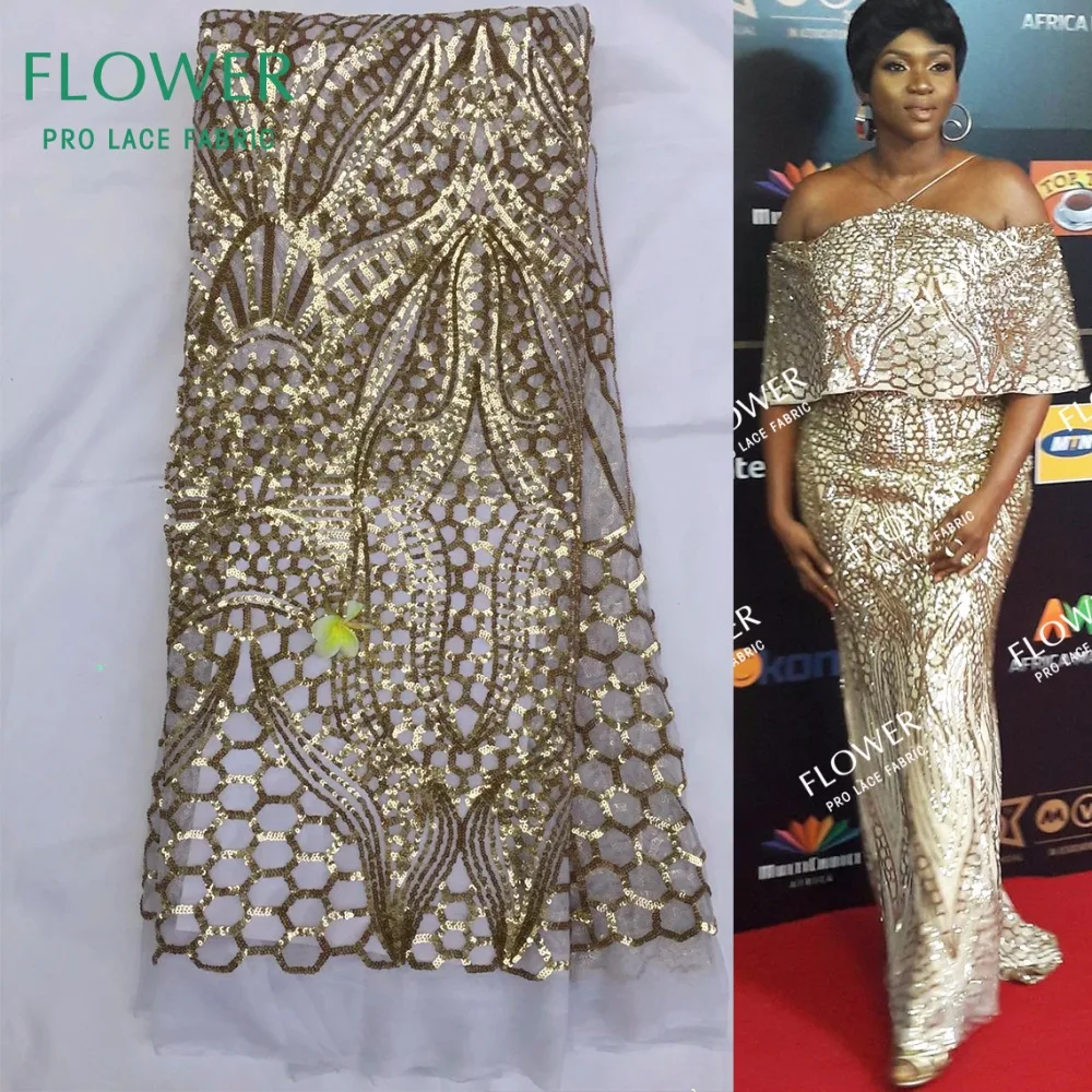 

2017 New African Sequins Lace fabric High Quality French Sequins Net Lace Gold Sequin Fabric For Evening Wedding Dress Sewing