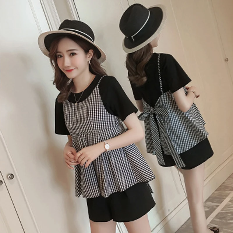 

F191193 Maternity Clothes Summer Lattice Sling Maternity Suit Pregnant Women Set Coat+Pregnant Women Care Belly Pants