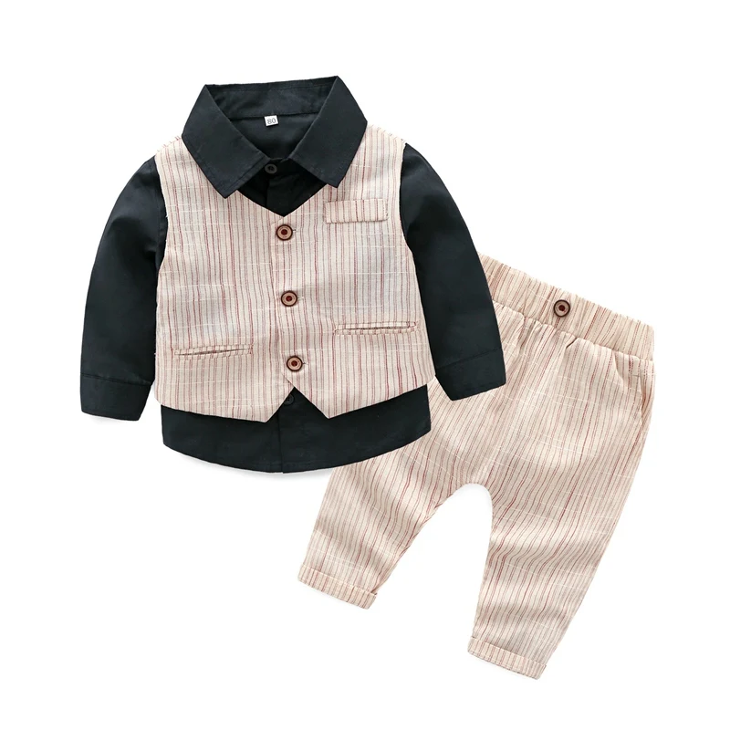 Beige Мягкие костюмы для новорожденных мальчиков, рубашка с длинными рукавами+ жилет в полоску+ штаны, комплект из 3 предметов, Детский Костюм Джентльмена, весенне-осенняя официальная одежда для мальчиков - Цвет: Beige