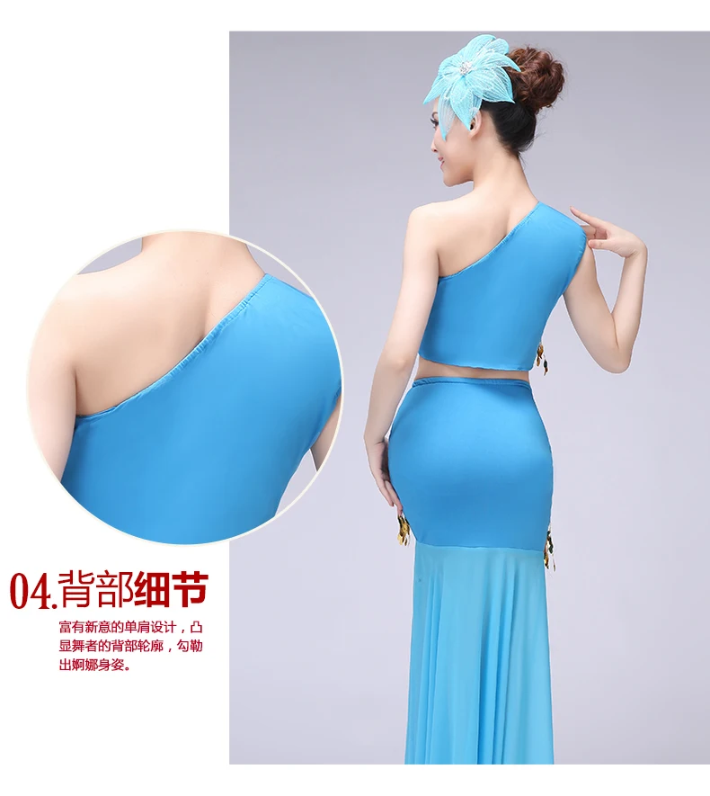Chinese Traditional Costumes Girls Women Dai National Folk Fan Dance Long Mermaid Peacock Dance Costume