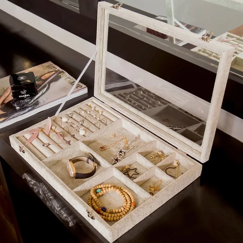 Makeup Organizer Box Jewelry Necklace Nail Polish Earring Organizer Flock Makeup Case Home Desktop Organizer For Cosmetics